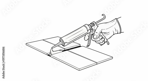 Hand in glove applying sealant with a caulk gun to tile seams