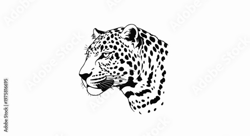 A striking black and white profile illustration of a spotted leopard's head