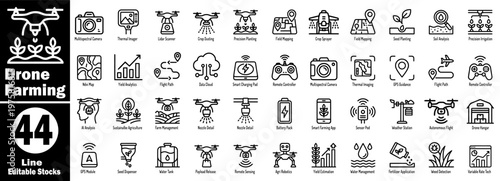 Drone farming line icons for agricultural automation and precision.