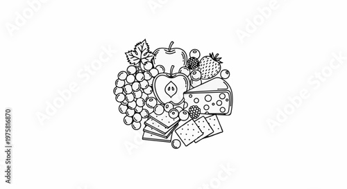 Assorted fruit, cheese, and crackers in a decorative still life illustration