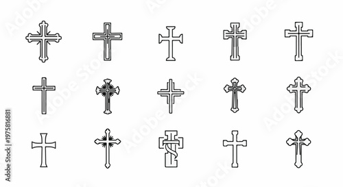 Collection of 15 distinct Christian cross outline icons on a white background