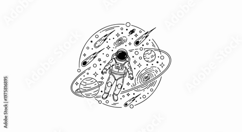 Astronaut floating in a cosmic scene with planets, stars, and comets