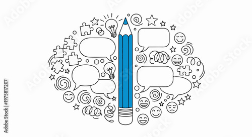 Creative ideas and communication bubbles surround a vibrant blue pencil