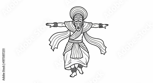 Stylized depiction of a dancer in traditional attire with a mask