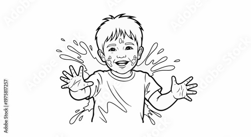Joyful child with paint splashes on face, arms outstretched