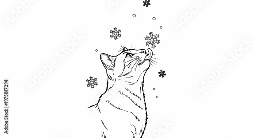 Line art cat licking falling snowflakes in a whimsical winter scene
