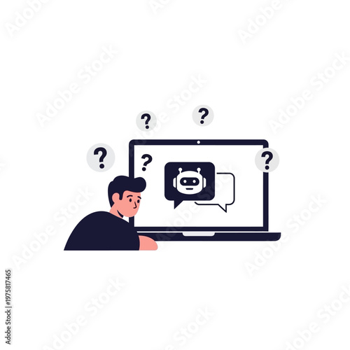 Confused man seeking answers from AI chatbot on laptop screen, isolated white background
