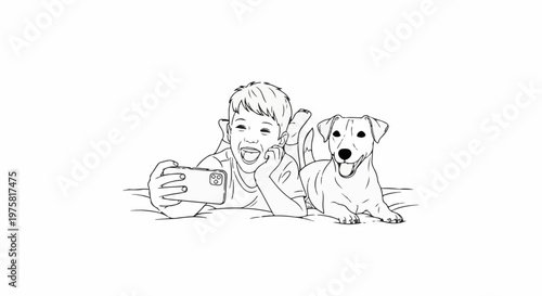 Joyful child lies with dog, taking selfie with phone