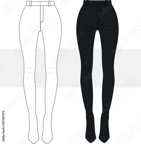 Women Slim fit, high waisted, leather pants technical fashion drawing, illustration.  Leggings, skinny trousers vector. Cad, Mockup.