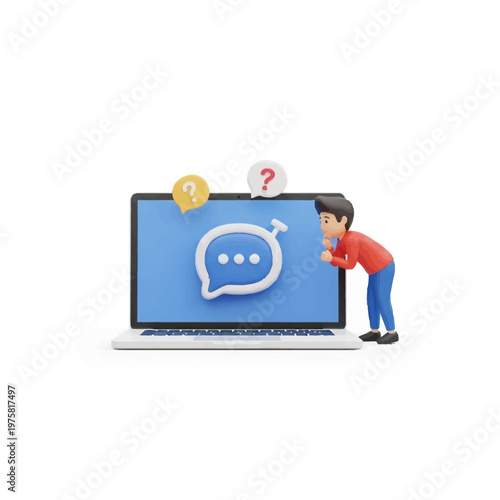 Curious 3D man seeking answers from an AI chatbot on a laptop screen, isolated white background