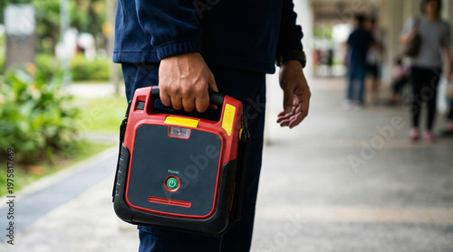 Close-up photograph of a male rescuer's hand firmly holding a portable Automated External Defibrillator (AED) in preparation for cardiac arrest first aid and emergency medical response. 