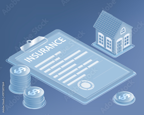 House model, real estate insurance contract, and coins. Isometric view. Vector 3d illustration.