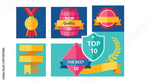 Set of top 10 award badges and labels, vector illustration