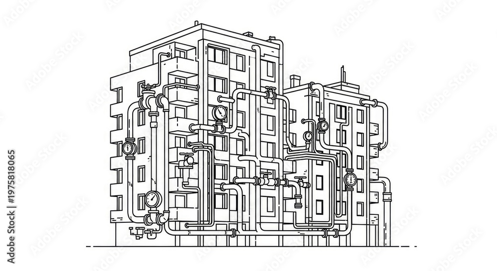 Obraz premium Architectural outline of building with pipes vector illustration against white background