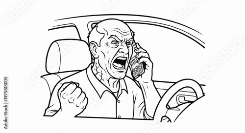 Furious man in car shouts into phone, clenching fist in anger