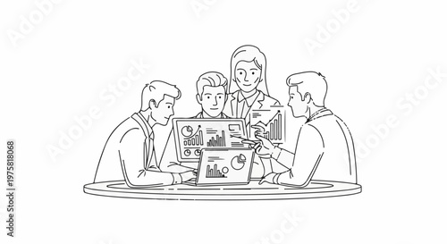 Diverse team of professionals analyzing data on laptops and monitors during a meeting