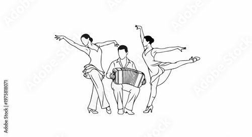 Outline of accordion player and two dancing figures on a white background