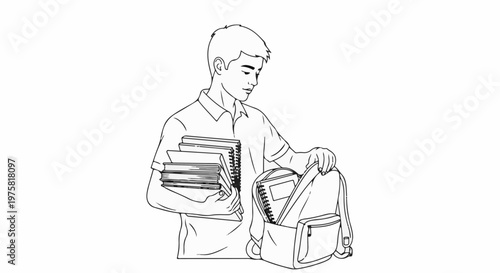 Person packing books into a backpack, with a stack of books in hand