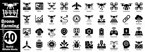 Smart agriculture drone farming icons with solid black industrial symbols.