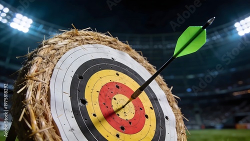 Sharp green tipped arrow strikes the very center of a traditional straw target board in a professional sporting arena setting