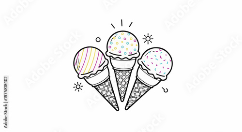 Three colorful ice cream cones with sprinkles and stripes, adorned with festive decorations