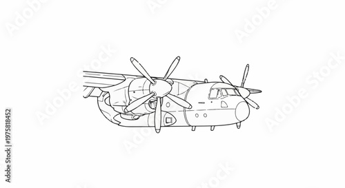 Detailed line art of a multi-engine turboprop aircraft with propellers