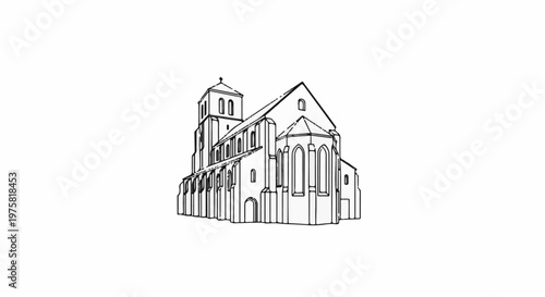 Detailed line drawing of a grand, old stone church with a tall tower and arched windows