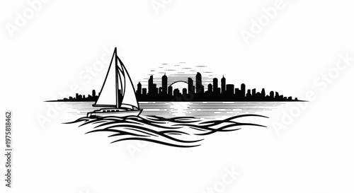 Sailboat glides on waves before a distant, silhouetted city skyline at sunset