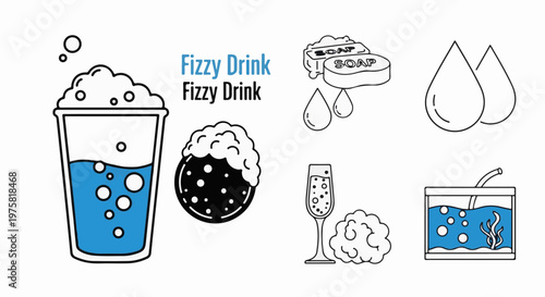 Assortment of bubbly and foamy liquid and solid elements