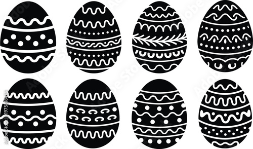 Decorative Easter egg silhouettes with folk patterns, set of 8 black vector icons, traditional spring holiday ornaments for seasonal greeting cards