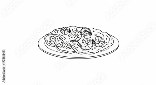 Line art of a plate of pasta with shrimp and green garnish