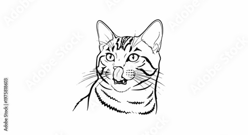 Line art sketch of a tabby cat licking its lips with wide eyes