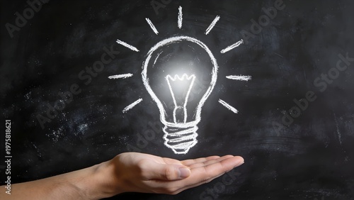A chalk drawing of a glowing lightbulb held by a human hand on a blackboard symbolizes a brilliant new idea or concept emerging.