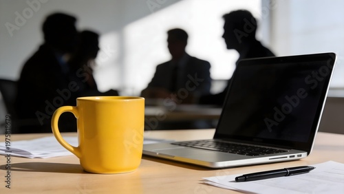 Bright yellow coffee mug sits on a clean desk beside a modern laptop computer during a productive busy workday morning