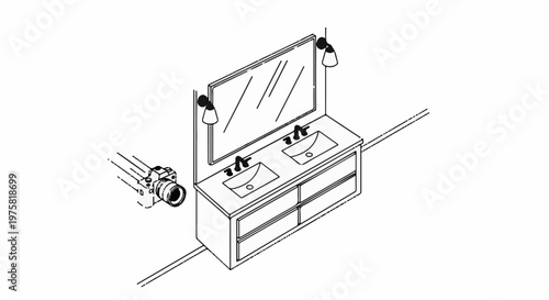 Isometric illustration of a double vanity with faucets, sinks, lights, and a camera