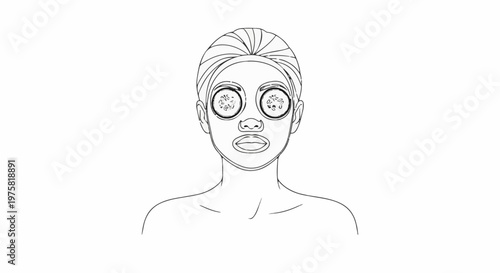 Simple line drawing of person's face with cucumber slices on eyes and headband