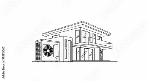 Architectural sketch of a modern house with an external air conditioning unit