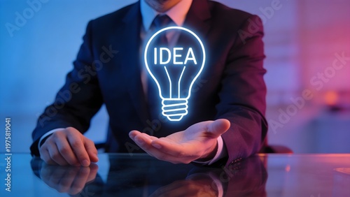 A professional businessman in a dark suit presents a glowing virtual lightbulb with the word 