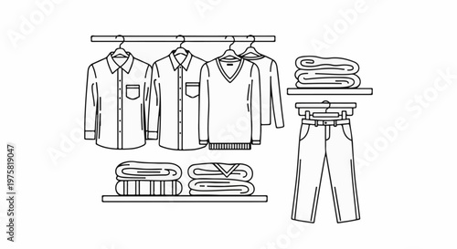 A clean closet with hanging shirts, sweaters, folded clothes, and pants