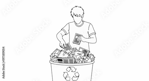 Person discarding papers into a recycling bin with a recycle symbol