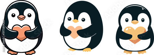 Cute penguin cartoon characters holding hearts, set of 3 adorable baby penguin vector illustrations, romantic bird mascots for Valentine's Day