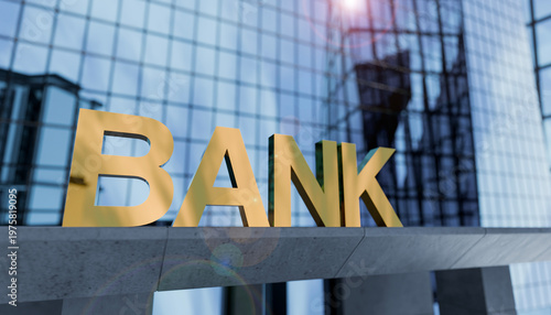 Bank building with modern glass facade and golden sign, low angle view with sunlight lens flare, financial institution and corporate business concept