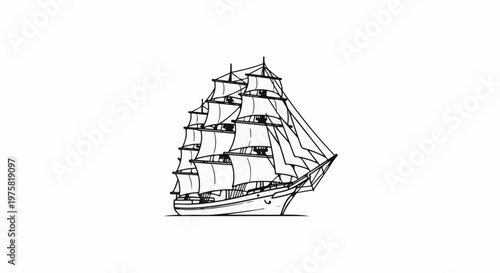 A detailed black and white illustration of a tall ship with many sails