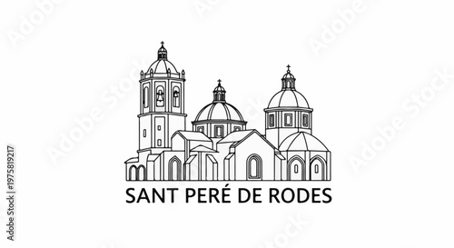 Monochromatic line art sketch of a bell tower and domed structures