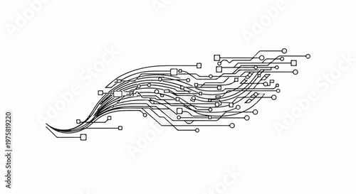 Abstract digital circuit board pattern with flowing lines and connected nodes