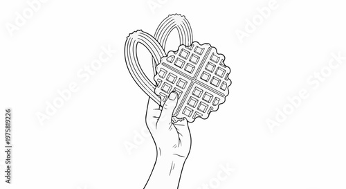 Hand holding two churros and a waffle