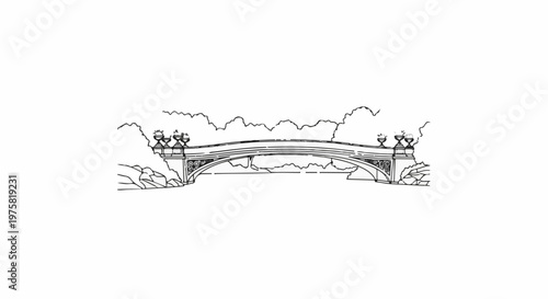 Ornate bridge with decorative urns crossing a body of water, with clouds above