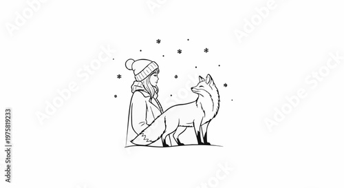 A girl in winter attire meets a curious fox amidst falling snowflakes