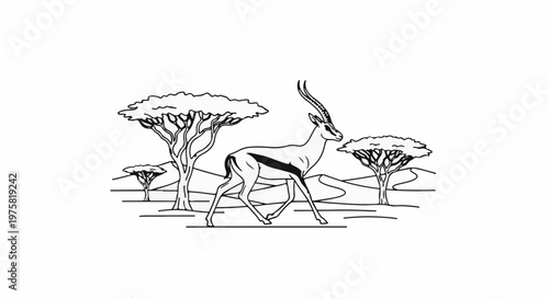 Illustration of a gazelle walking in a savanna with acacia trees