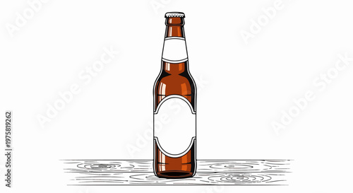 Brown glass bottle with blank labels sits on textured wooden planks